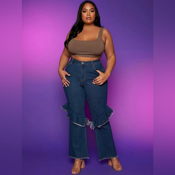 SHEIN Plus High Waist Raw Ruffle Trim Flare Leg Jeans Blue 1XL - Picture 1 of 7